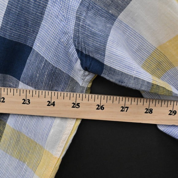 J McLaughlin Mens Plaid Collared Shirt Size XL Linen Blue Yellow Button Down - Picture 3 of 12